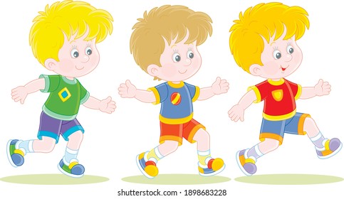 Cheerful little boys running a race at an athletics competition on a sports ground, vector cartoon illustration isolated on a white background