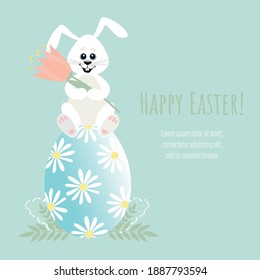 Cheerful little bunny with a flower sits on an Easter egg. Happy easter. Design elements for cards, flyers, banners.