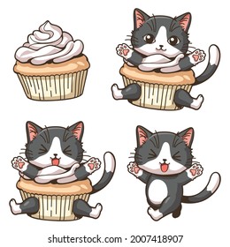 Cheerful little cat and cupcakes cartoon vector illustration, Cute character cartoon, Kawaii style. Cartoon illustrations that can be used as part of a design.