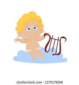 Cheerful little cherub playing harp on cloud. Cute character, toddler, cupid. Valentines day concept. Can be used for topics like love, romance, dating