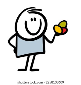 Cheerful little child holds a handful of Easter colored eggs in his hand. Vector illustration of a contented stick figure person at a traditional spring festival.