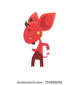 Cheerful little devil dancing and showing his tongue. Red demon character with horns, big ears and tail. Flat vector design