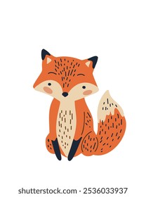 
Cheerful little fox with a big fluffy tail, children's vector illustration.