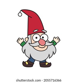 Cheerful little garden gnome, dwarf, oldman is wearing red hat in cartoon style. Colorful vector fairytale kids illustration, drawing character, mascot, sticker