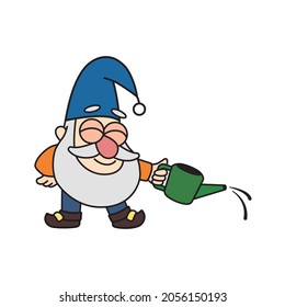 Cheerful little garden gnome, dwarf, oldman, gardener is holding a watering pot in cartoon style. Colorful vector fairytale kids illustration, drawing character, mascot, sticker