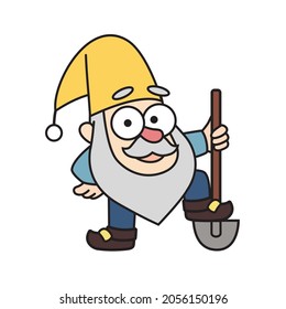 Cheerful little garden gnome, dwarf, oldman, gardener is holding a shovel in cartoon style. Colorful vector fairytale kids illustration, drawing character, mascot, sticker