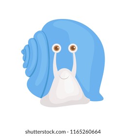 Cheerful little garden snail with blue shell vector Illustration on a white background