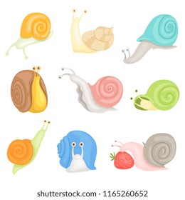 Cheerful little garden snails set, cute clams with colorful shells vector Illustrations on a white background