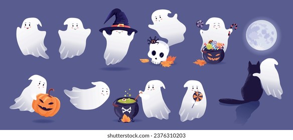 Un pequeño fantasma alegre se divierte, come dulces, se sienta con un gato, vuela y prepara pociones. Ilustración de conjunto de Halloween