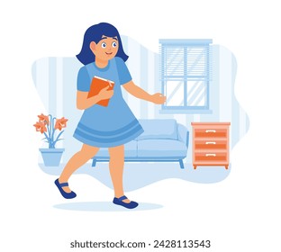 A cheerful little girl carrying a book inside the house. Read storybooks to fill your free time. Childrens concept. flat vector modern illustration 