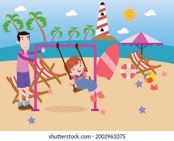 Cheerful little girl cartoon character playing on the swing with her father at the beach