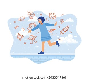The cheerful little girl is doing imaginative movements in front of the blackboard. Back to school. Children's concept. flat vector modern illustration