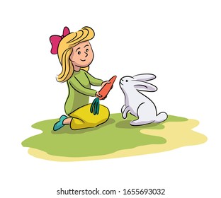 Cheerful little girl feeding, giving carrot cute grey rabbit on farm yard. Happy child and domestic animal contact. Kid playing with funny hare. Childhood and farming. Adorable preschooler and bunny