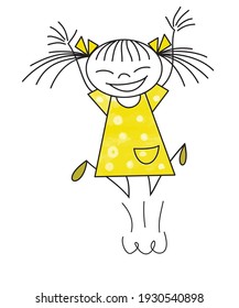 A cheerful little girl laughs and jumps for joy. Vector illustration isolated on white background, in childish doodles style.