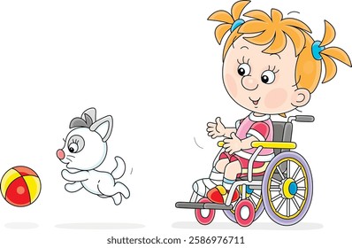 Cheerful little girl with a plaster cast on her broken leg sitting in a wheelchair and playing with a kitten and a ball, vector cartoon illustration on a white background