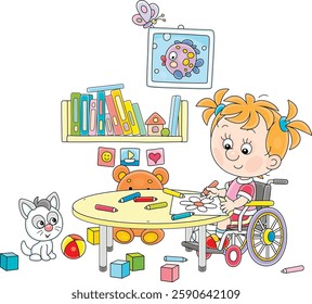 Cheerful little girl with a plaster cast on her broken leg sitting in a wheelchair at a desk and drawing a flower with color pencils, vector cartoon illustration on a white background
