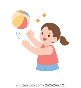 A cheerful little girl with a ponytail is playing with a beach ball. Cartoon vector illustration captures the joy of summer fun and active playtime. 