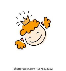 Cheerful little girl princess in the crown. Nice little queen. Colorful vector hand-drawn doodle illustration.