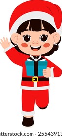 Cheerful Little Girl in Santa Holding Gift Box Illustration