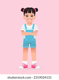 A cheerful little girl stands with her arms crossed. A beautiful cute white baby in a blue summer jumpsuit. Vector cartoon illustration on a pink background.