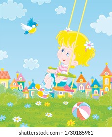 Cheerful little girl swinging with a merry flying birdie on a green playground in a summer park of a small colorful town on a sunny warm day, vector cartoon illustration