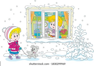 Cheerful little girl walking with a grey puppy on a snowy winter day, a little boy playing with a small kitten and looking through a window of his room, vector cartoon illustration
