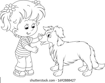 Cheerful little girl walking and playing with a small border collie, black and white vector cartoon illustration on a white background