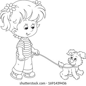 Cheerful little girl walking together with her merry small puppy, black and white vector cartoon illustration on a white background