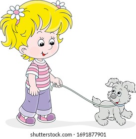 Cheerful little girl walking together with her merry grey puppy, vector cartoon illustration on a white background