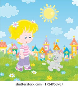 Cheerful little girl walking together with her merry grey puppy in a green park of a small colorful town on a sunny summer day, vector cartoon illustration