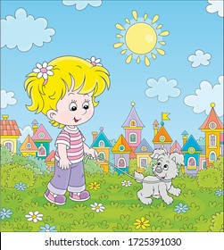 Cheerful little girl walking together with her merry grey puppy in a green park of a small colorful town on a sunny summer day, vector cartoon illustration