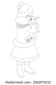 Cheerful little girl walking together with her merry small puppy, black and white vector cartoon illustration on a white background.