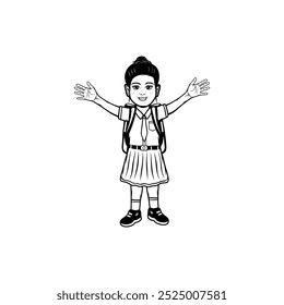 cheerful little girl wearing elementary school uniform carrying a bag black and white vector line art