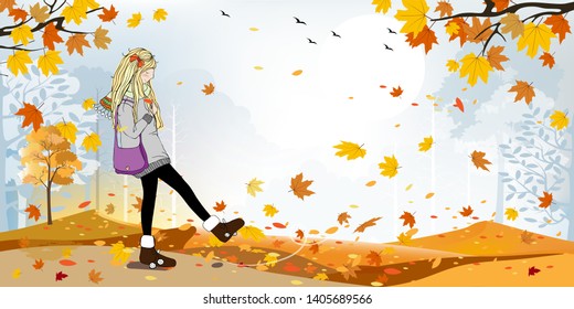 Cheerful little girl wearing jumpers walking in Autumn field with maples leaves falling, Cute cartoon school girl walking alone in sunny day, Vector illustration of Autumn theme