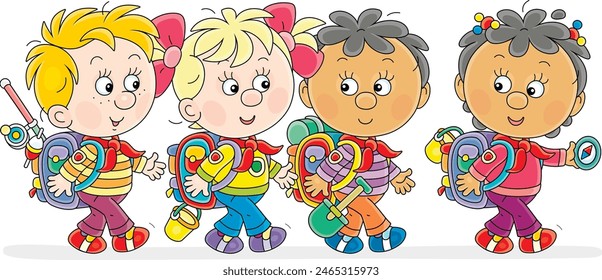 Cheerful little girls and boys backpackers with tourist rucksacks, friendly smiling, talking and hiking on a fun summer vacation, vector cartoon illustration on a white background