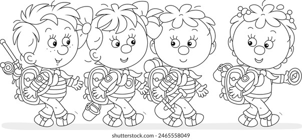 Cheerful little girls and boys backpackers with tourist rucksacks, friendly smiling, talking and hiking on a fun summer vacation, black and white vector cartoon illustration for a coloring book