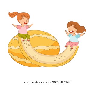 Cheerful Little Girls Swinging on Huge Melon Slice Vector Illustration