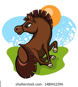Cheerful little horse in the clearing vector illustration