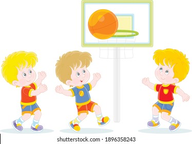 Cheerful little kids playing basketball with a big orange ball in a fun game on a playground, vector cartoon illustration isolated on a white background