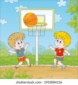 Cheerful little kids playing basketball with a big orange ball on a sports ground in a green park on summer vacations, vector cartoon illustration