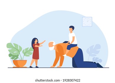 Cheerful little kids playing with grandfather. Grandpa, grandchild, love flat vector illustration. Family and relationship concept for banner, website design or landing web page