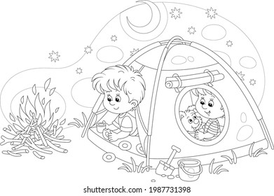 Cheerful little kids tourists with a merry pup resting in their camp tent on a starry night on summer vacation, black and white outline vector cartoon illustration for a coloring book page
