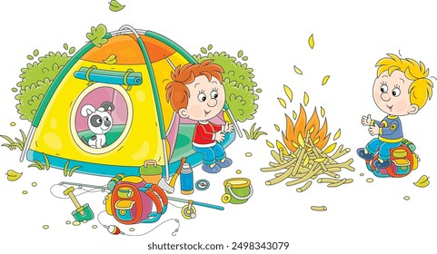 Cheerful little kids tourists with a merry pup resting in their camp by a campfire, vector cartoon illustration