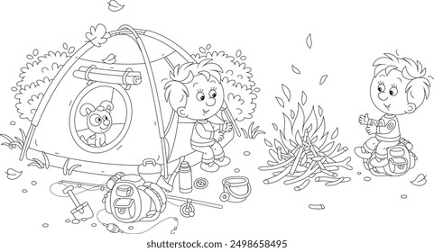 Cheerful little kids tourists with a merry pup resting in their camp by a campfire, black and white outline vector cartoon illustration for a coloring book page