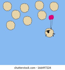 cheerful little lamb flying in the clouds on balloons