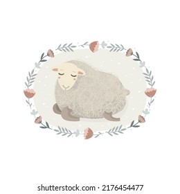 A cheerful little lamb lies with closed eyes and dozes. Happy face and fluffy fur. Character in cartoon style. Oval background. Frame of flowers, border. Vector illustration. Print design for nursery.