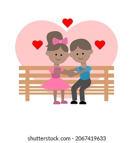 Cheerful little men Girl and boy sit on a bench and confess their love to each other Happy couple loves each other illustration in flat style valentine's day card Vector illustration