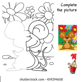 Cheerful little mouse. Complete the picture children drawing game. Coloring book. Cartoon vector illustration