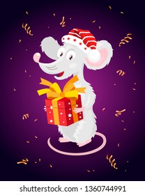 Cheerful little mouse in a red hat with a gift box. The symbol of the new Chinese 2020 year. Holiday card. Vector illustration on purple background.