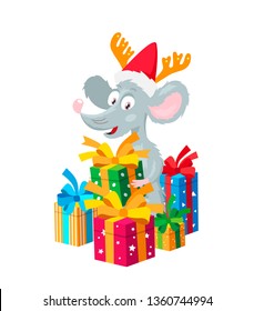Cheerful little mouse in a red hat with deer horns surrounded by gift boxes. The symbol of the new Chinese 2020 year. Holiday card. Vector illustration on white background.